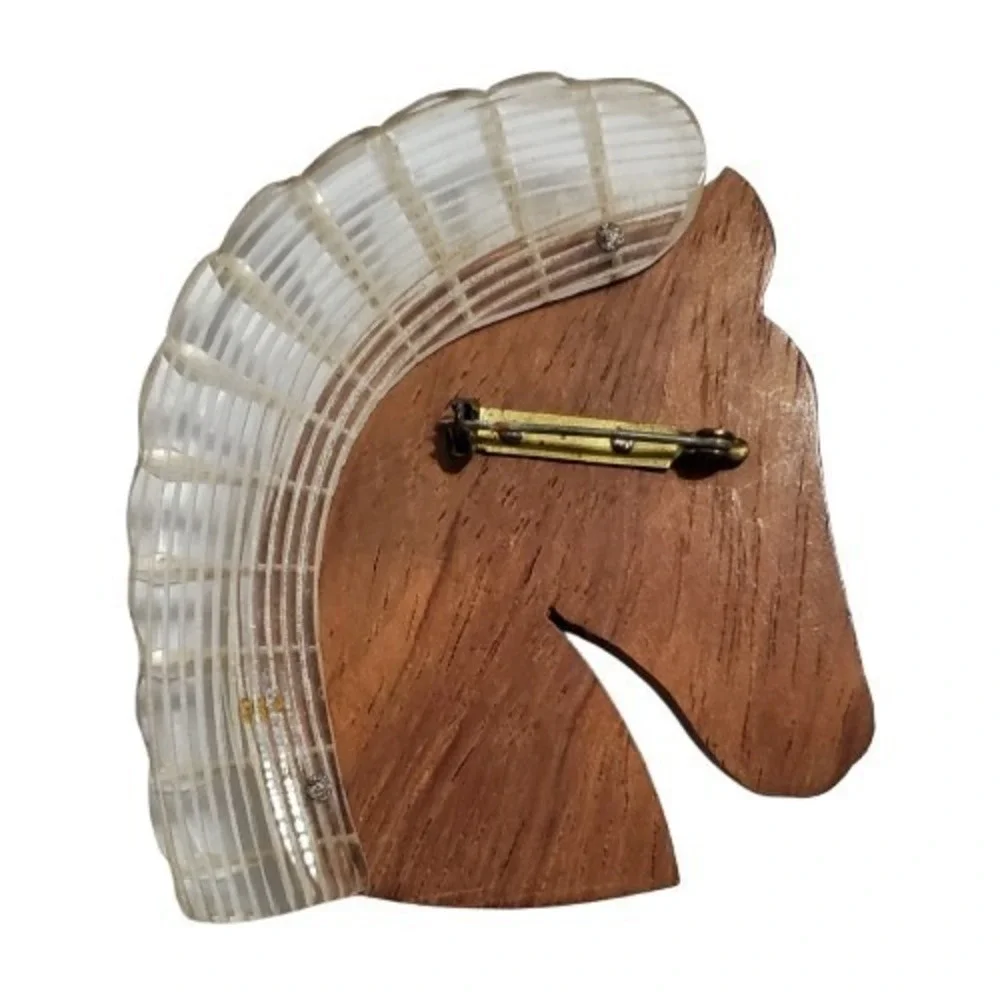 RARE Vintage Wood Horse Brooch Lucite Brooch Pin LARGE 3 1/8 x 2 3/4 inches